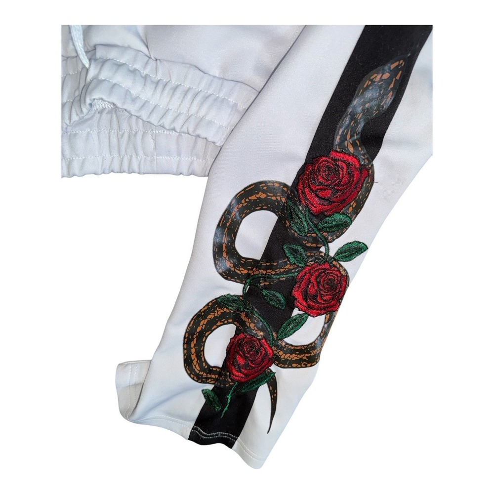 Rue21‎ Snake Rose Embroidered Track Joggers White Side Stripe Size Medium READ